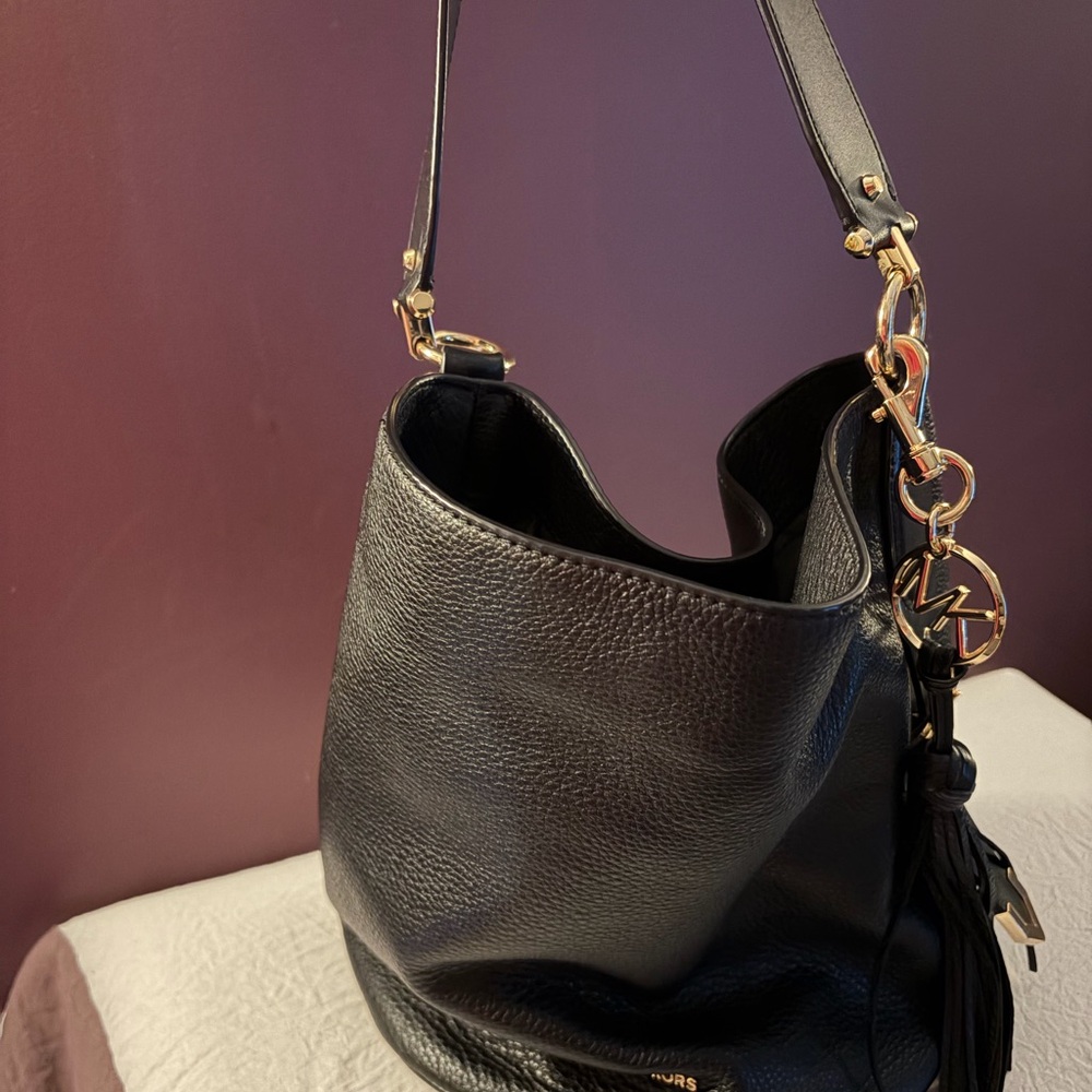 Michael Kors Black Pebbled Leather Shoulder Hobo with Gold Hardware